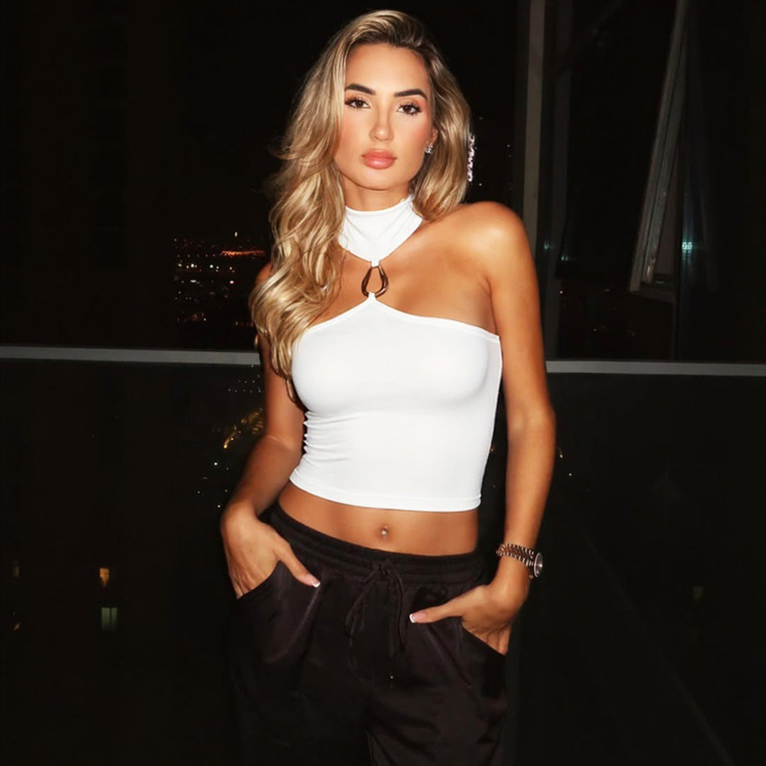Sexy Sleeveless Slim Fit Cropped Halter with Handwear Y2K