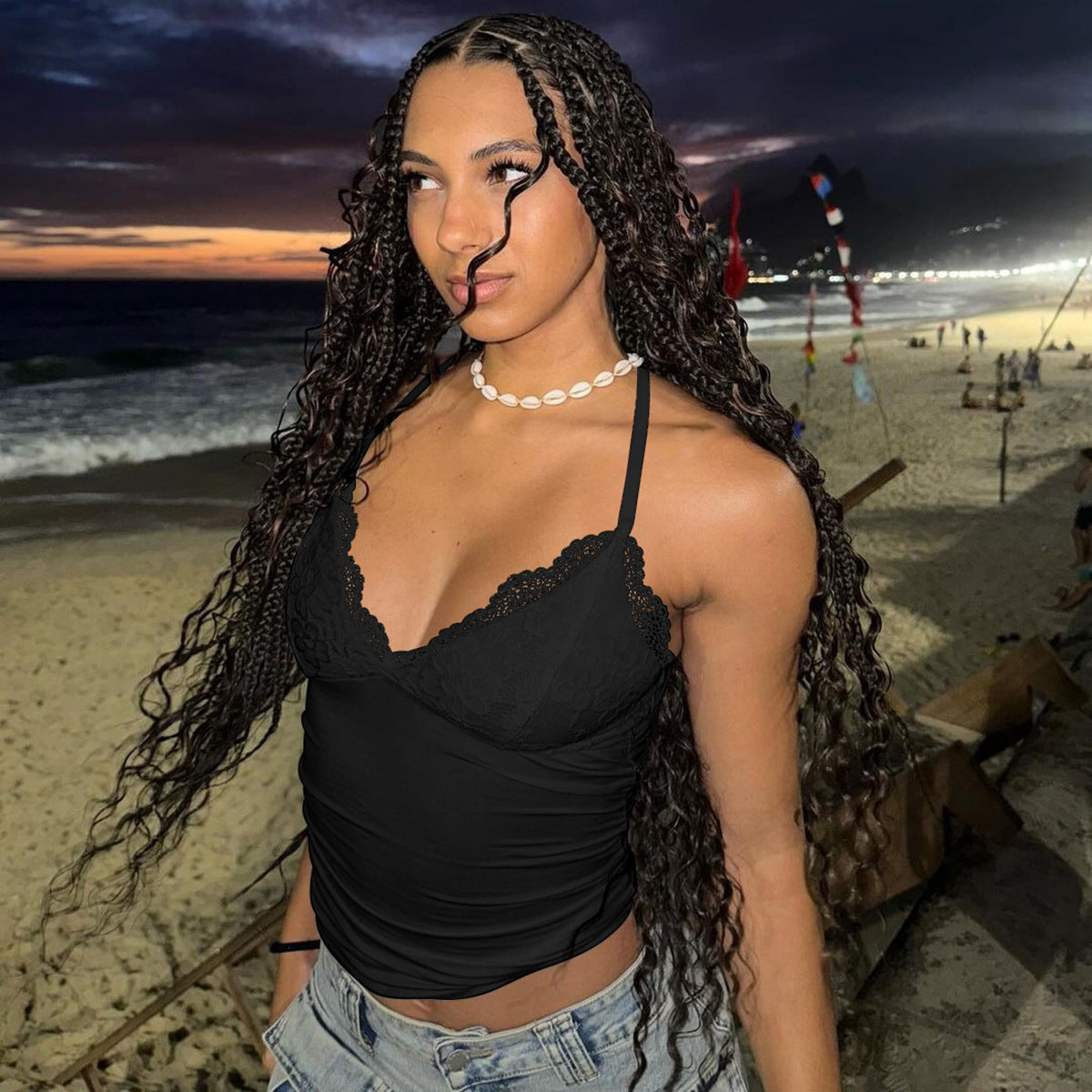 Sexy Lace Lace Backless Lace up Halter top Black