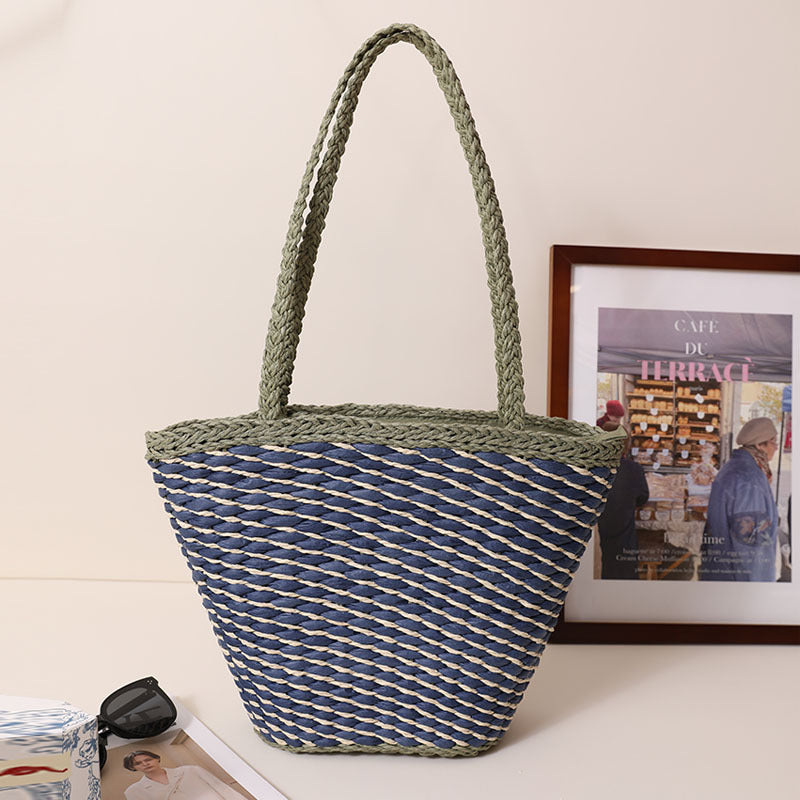 One Shoulder Straw Bag Simple Twill n Seaside Vacation Beach Bag One Size Sea and Sky
