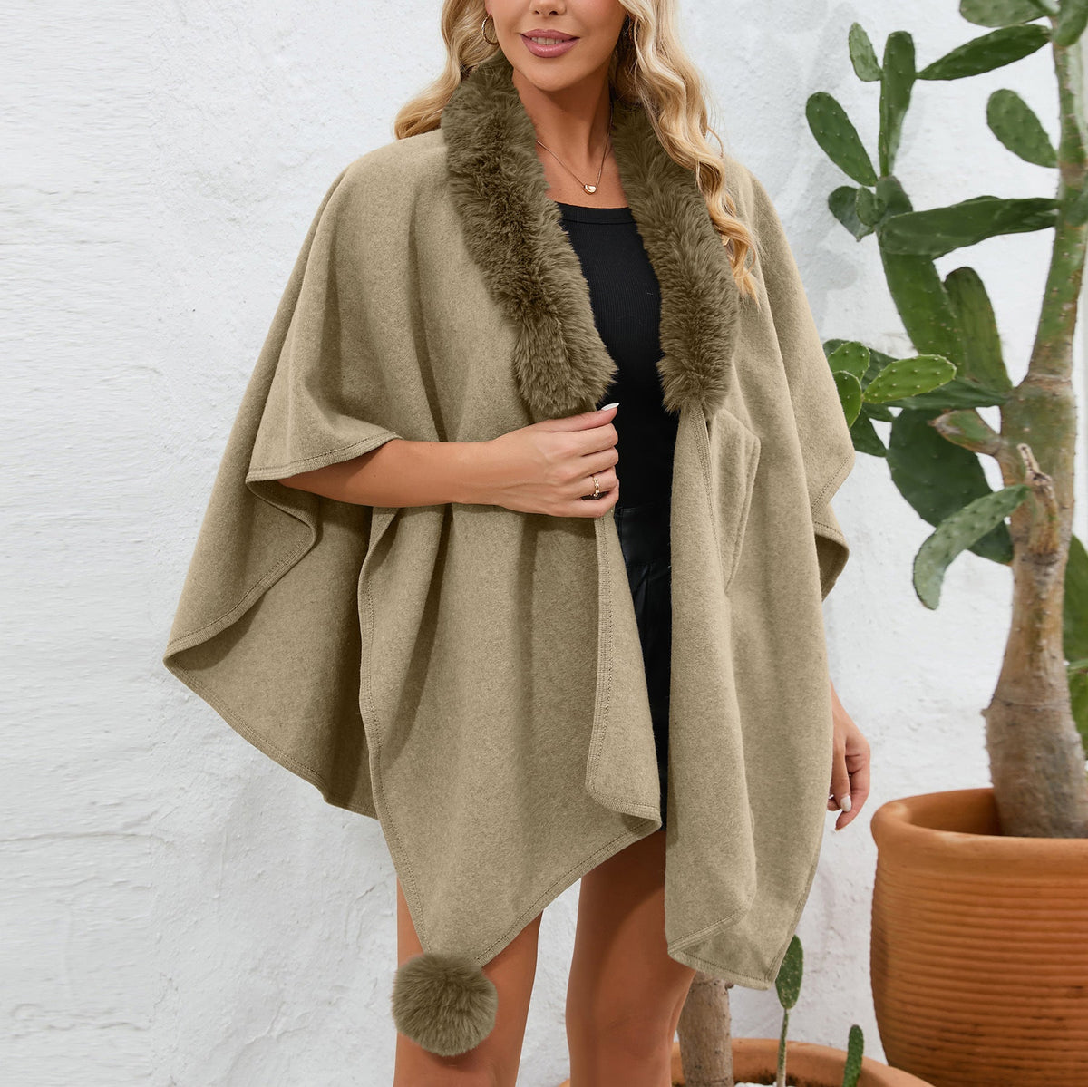 Women Autumn Winter Fur Collar Cape Shawl Women Loose Knitted Cardigan Oversized Woolen Coat
