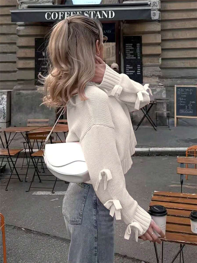 Bow Detail Sleeve Short Loose Pullover Apricot