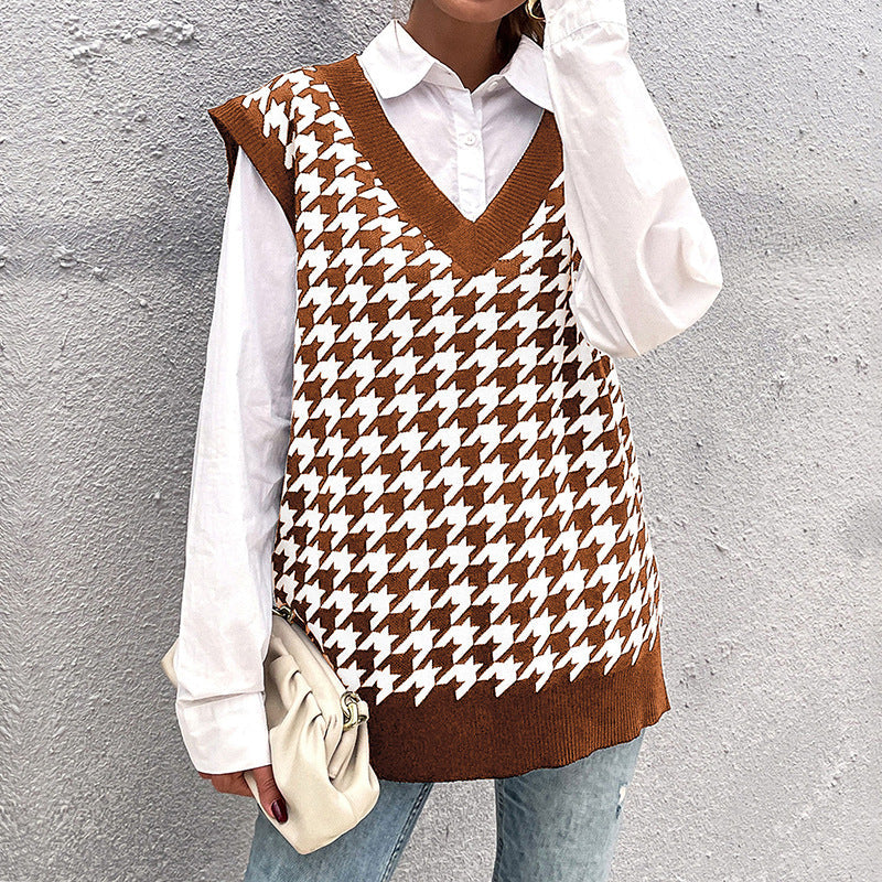 Checkered Loose Houndstooth V neck Knitted Vest Women Coffee brown