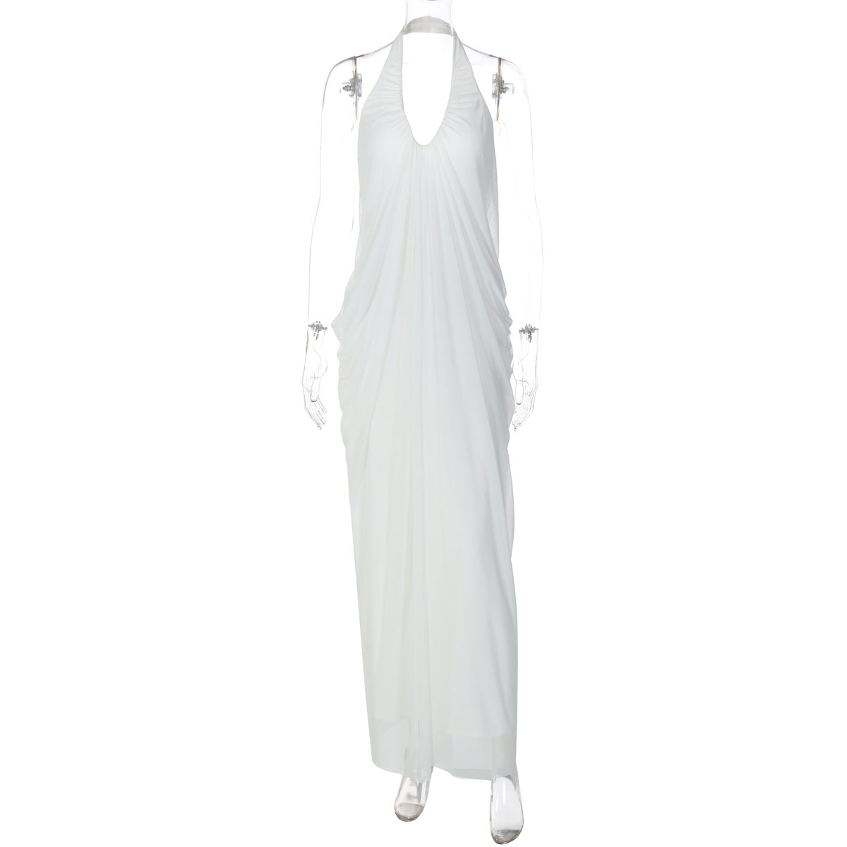White Sexy Loose Backless Sleeveless V neck Pleated Long Halter Mesh Dress White