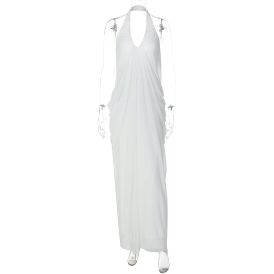 White Sexy Loose Backless Sleeveless V neck Pleated Long Halter Mesh Dress White