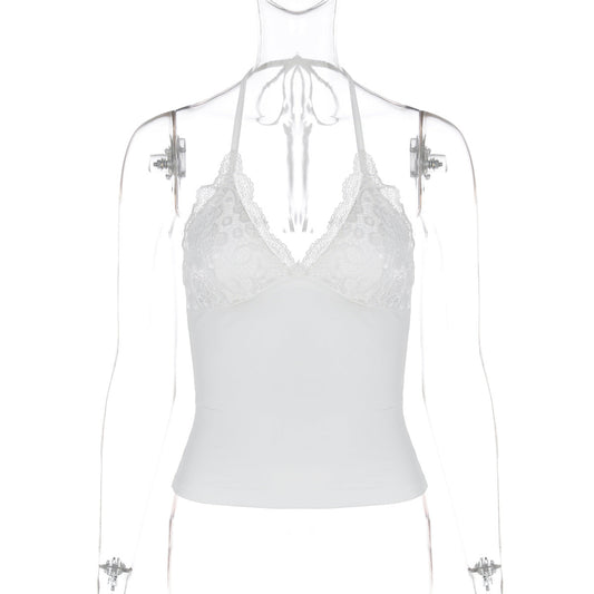 Sexy Lace Lace Backless Lace up Halter top White