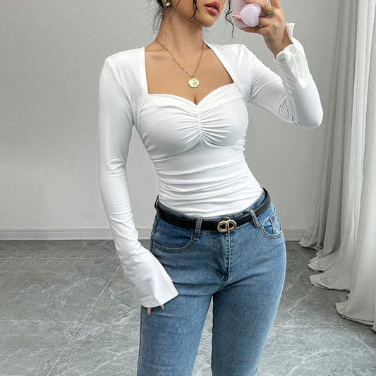 Long Sleeve Shirred Low Cut White Top White