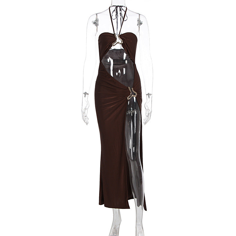 Sexy Brown Cutout Long Maxi Dress with Gold Hardwear High Open Slit Detail Coffee