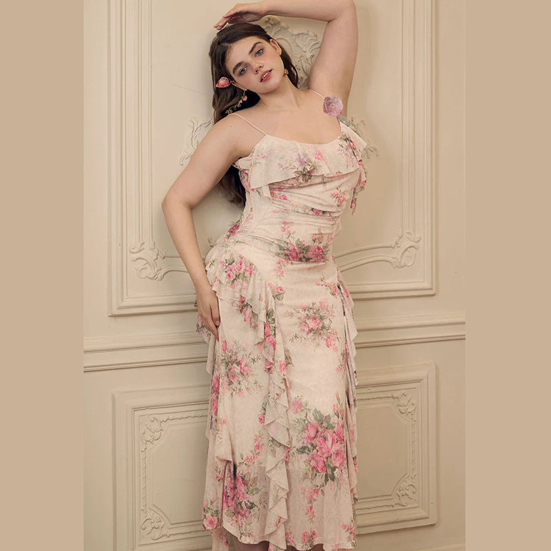 Floral French Sexy Ruffled Floral Decoration Printed Mesh Sling Dress