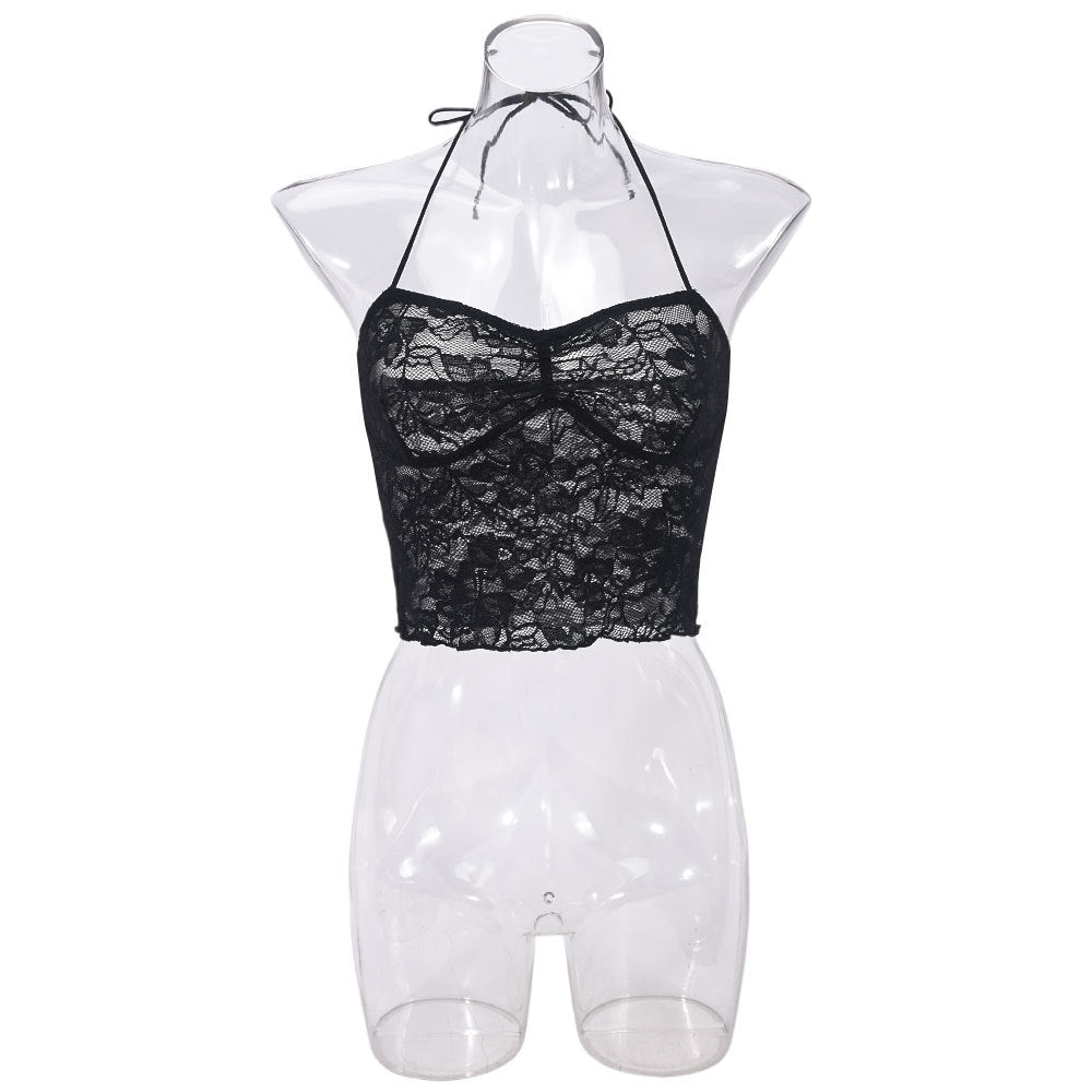 Sexy Lightweight See through Lace up Wrapped Chest Backless Cami Black