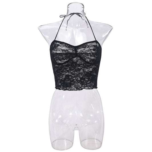 Sexy Lightweight See through Lace up Wrapped Chest Backless Cami Black