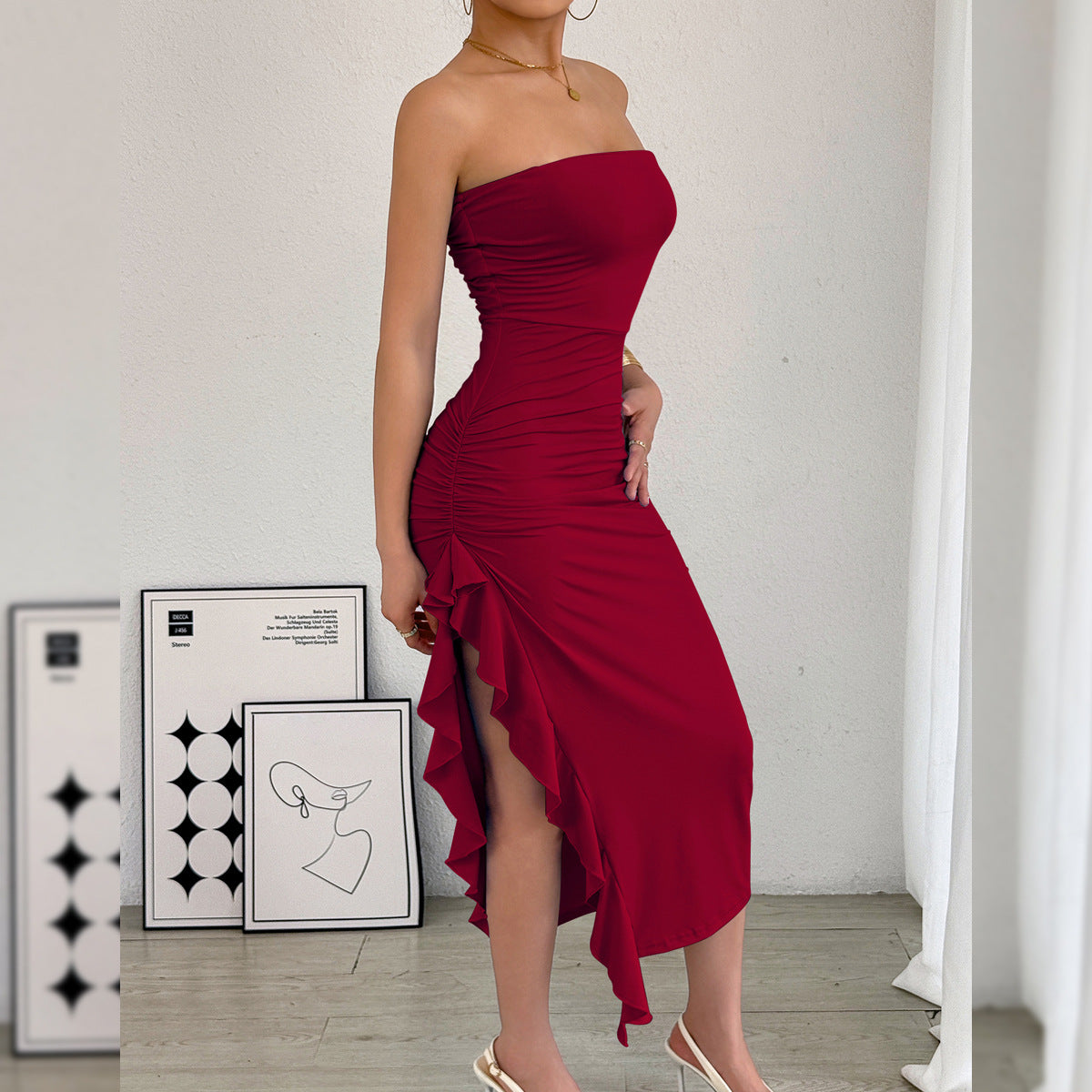 Strapless Long Slim Fit Dress w/ Ruffle on Side Burgundy