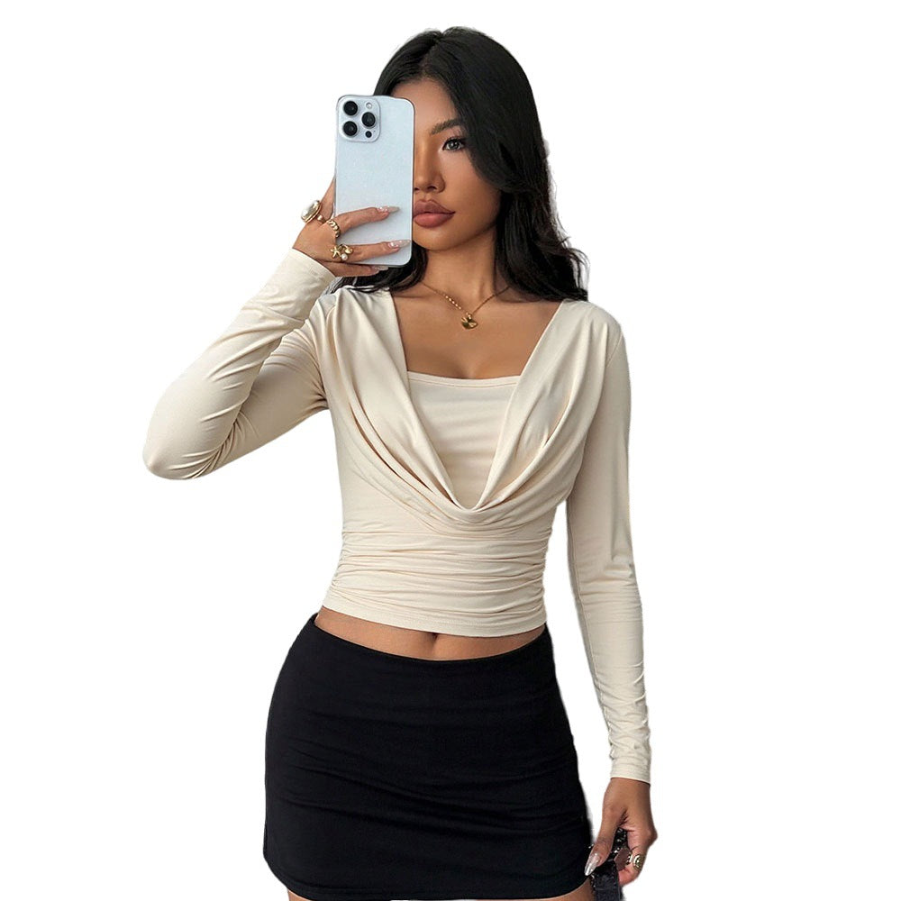 Long Sleeve Cowl Neck Off Price Top Light Apricot