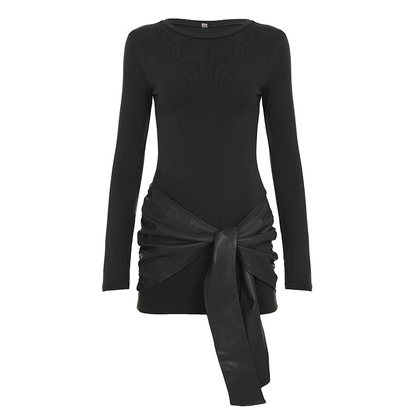 Sexy Long Sleeve Crew Neck with Vegan Leather Sash In Black or Coffee Black