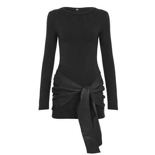 Sexy Long Sleeve Crew Neck with Vegan Leather Sash In Black or Coffee Black
