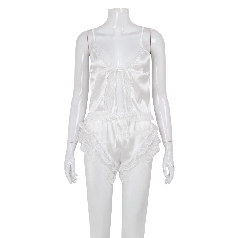 White Lace Sexy 2 piece Short Bloomer Like and Cami Set with Lace Trim White