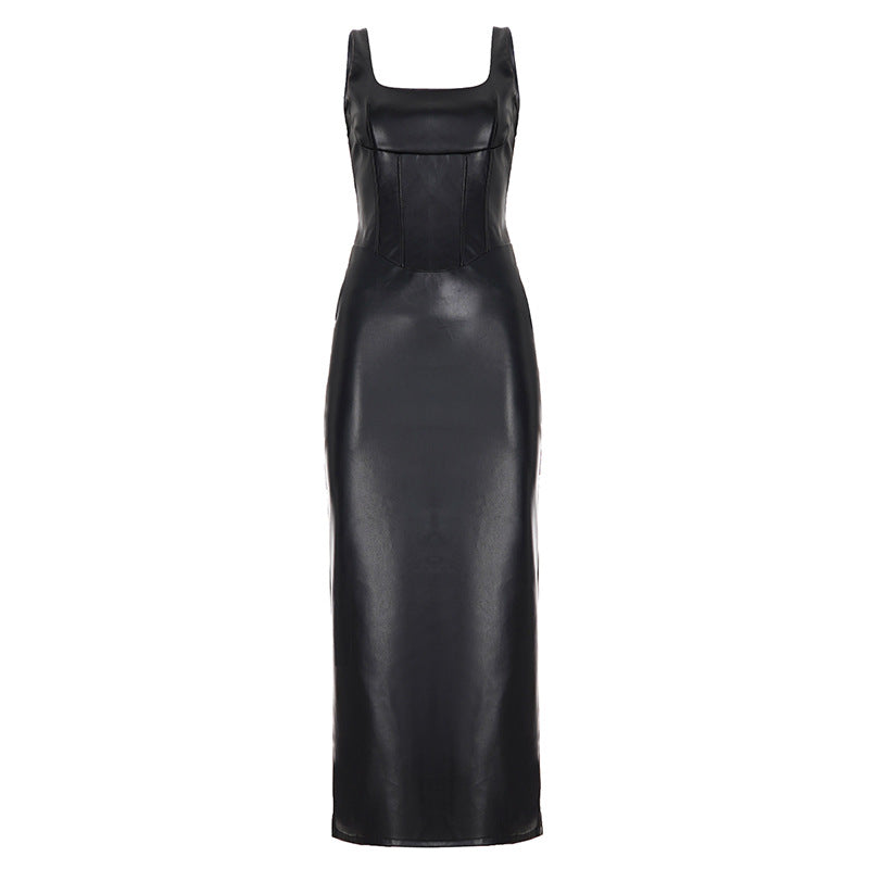 Pleather Square Neck Snatched Corset Long Dress Black