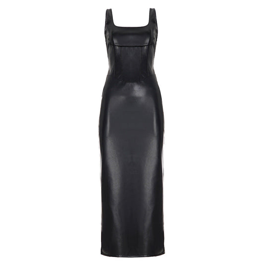 Pleather Square Neck Snatched Corset Long Dress Black
