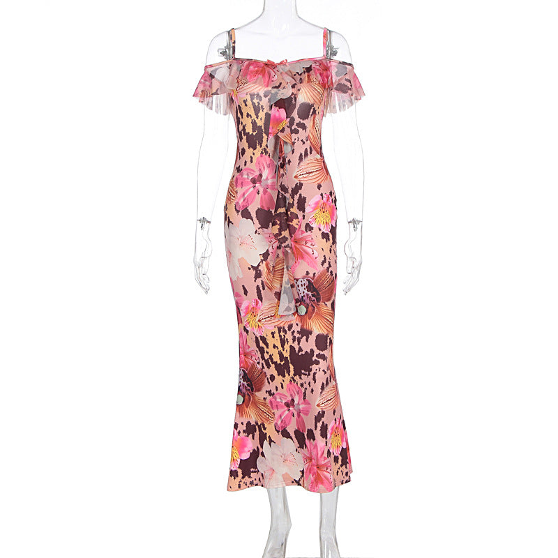 Sexy Mesh Printed Ruffled Spaghetti and Cold Shoulder Front Ruffle Maxi Dress Multi