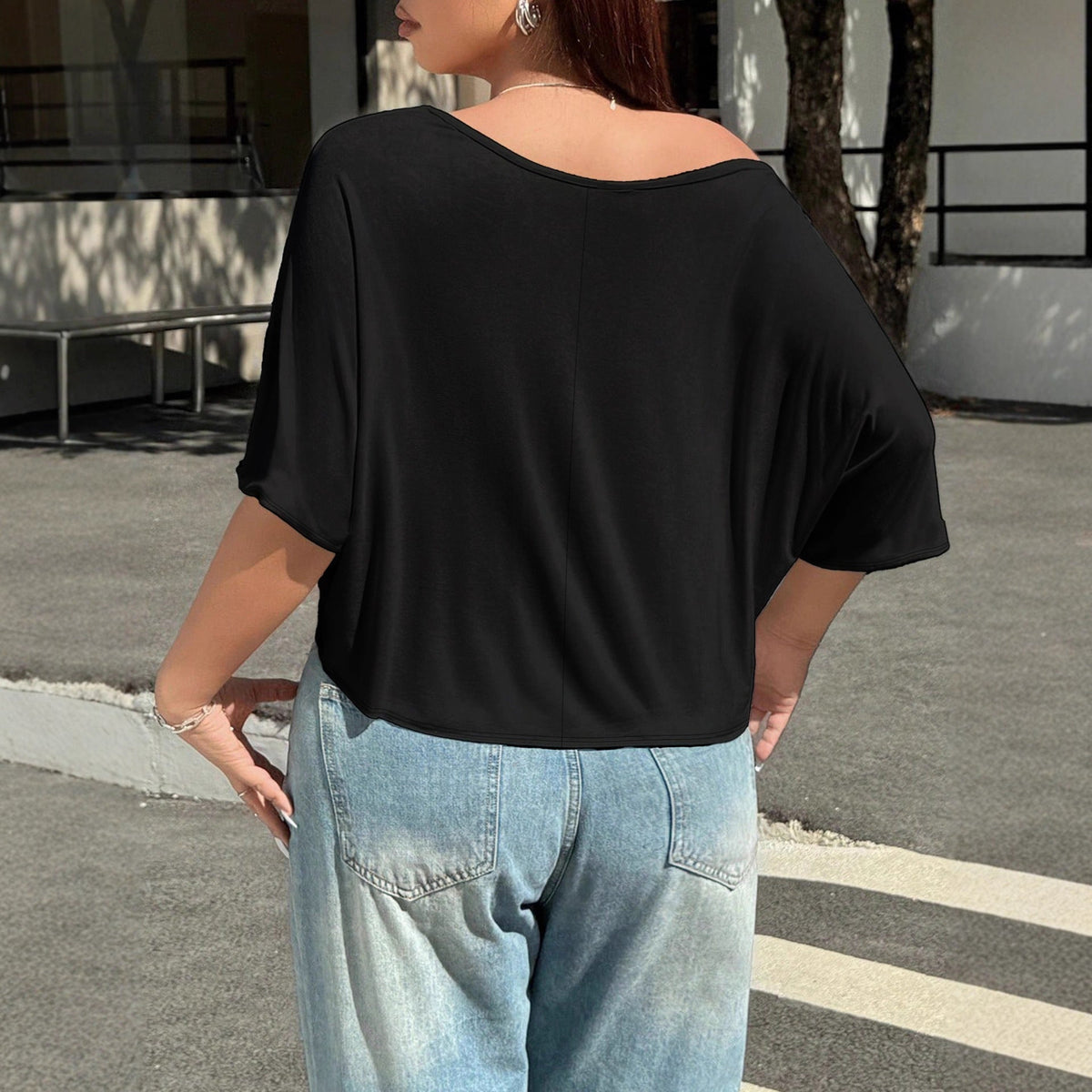 Plus Size Women Clothing Summer Loose Slimming Casual off Shoulder Half Sleeve T shirt