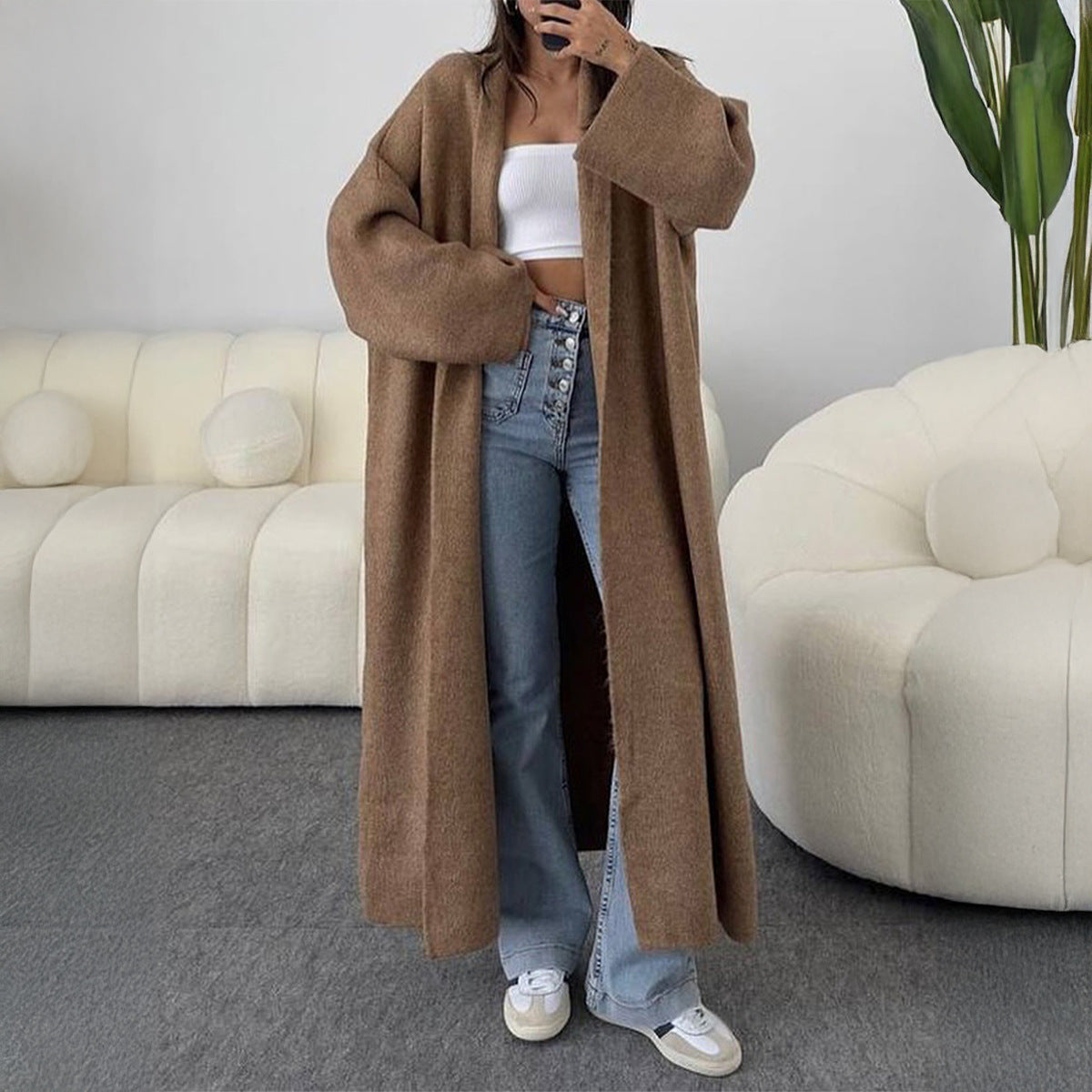 Long Sleeve Cozy Oversized Trench Coat Like Sweater Brown