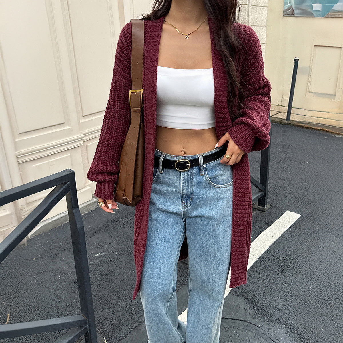Long Chunky Cozy Cable Open Cardigan/ Duster Burgundy