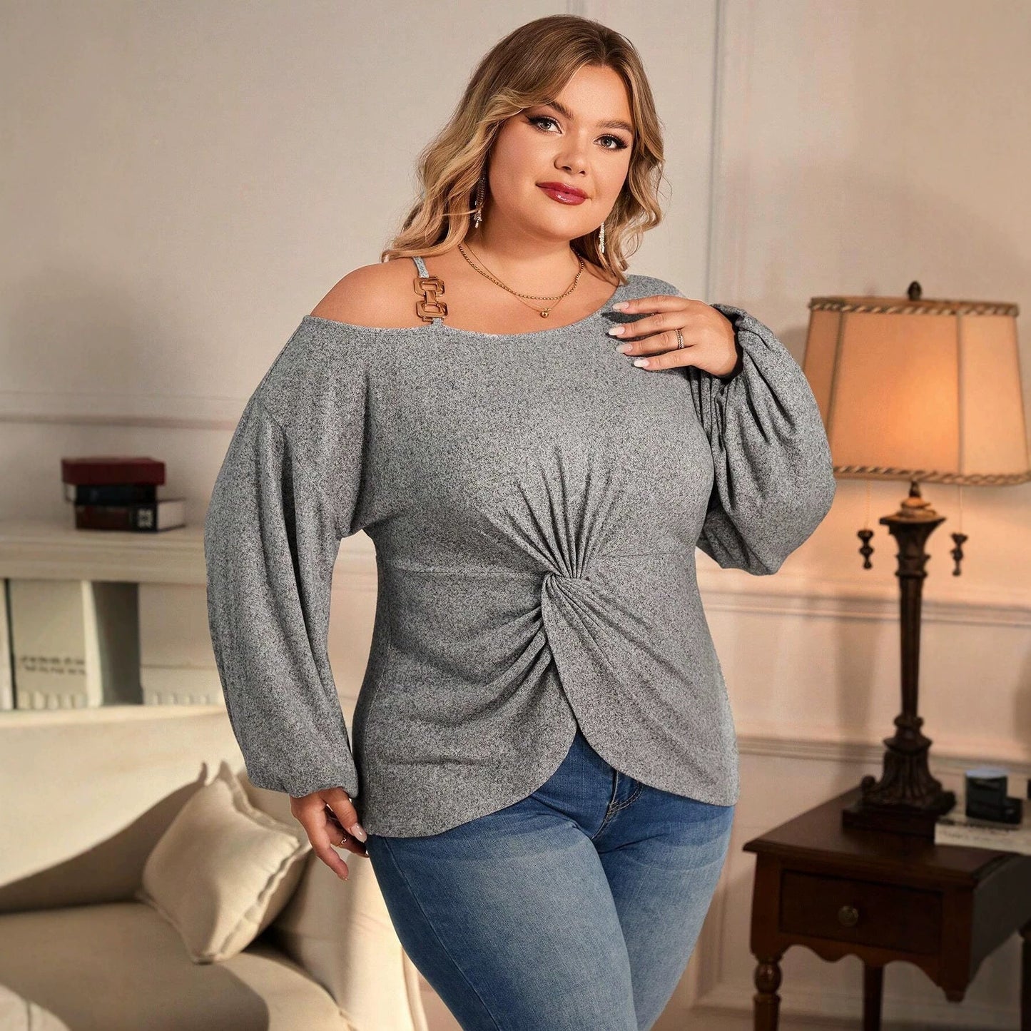 Plus Size Women Clothes off Shoulder Twisted Long Sleeved T shirt Metal Buckle Shoulder Strap Loose Slimming Top