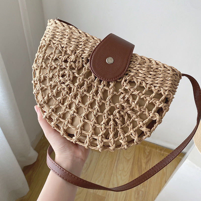 Straw Bag Shoulder Crossbody Casual Straw Beach Bag One Size Brown