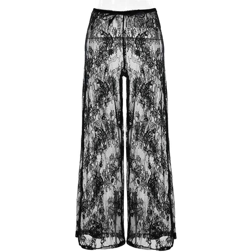 Lace See through High Waist Sexy Straight Pull On Pants Black