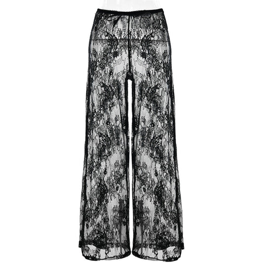 Lace See through High Waist Sexy Straight Pull On Pants Black