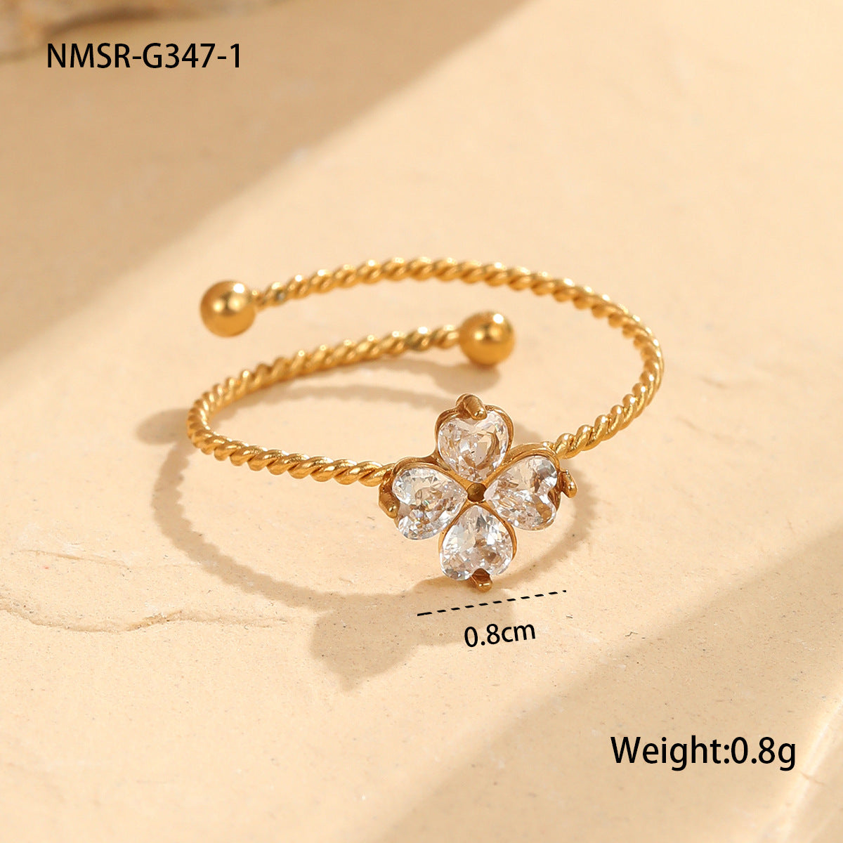 Stainless Steel Elegant Clover Opening Ring Luxury High Sense Hand Accessories One Size NMSR-G347-1 White Ring