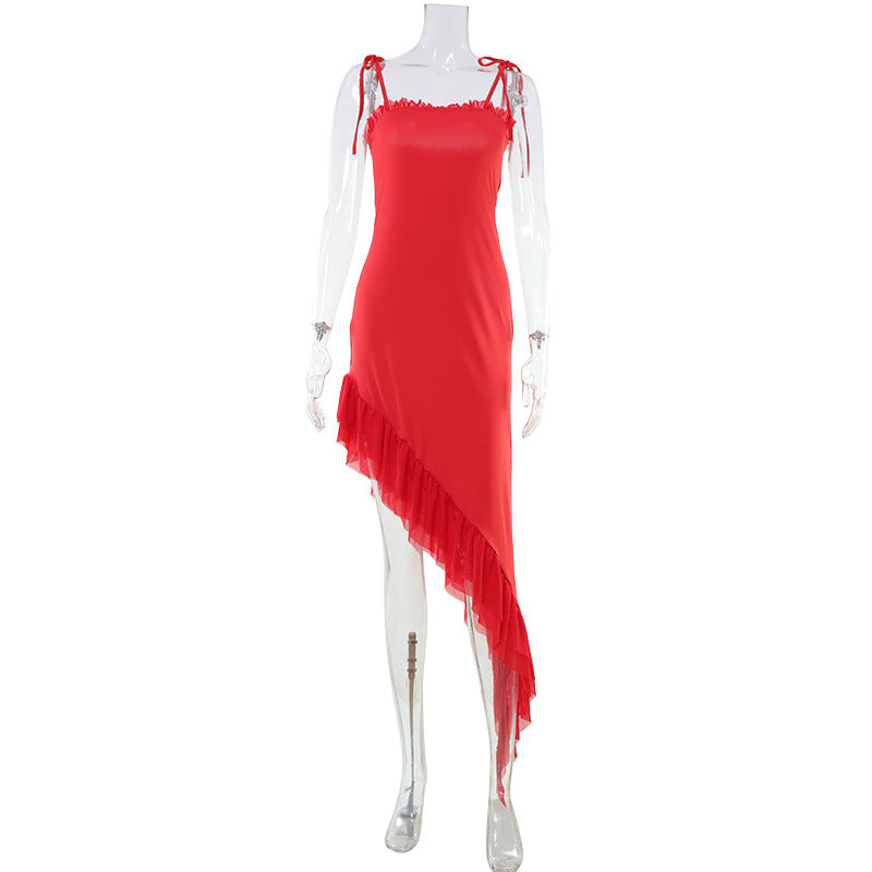 Sexy Salsa Asymmetric Ruffled Spaghetti Strap Dress Red