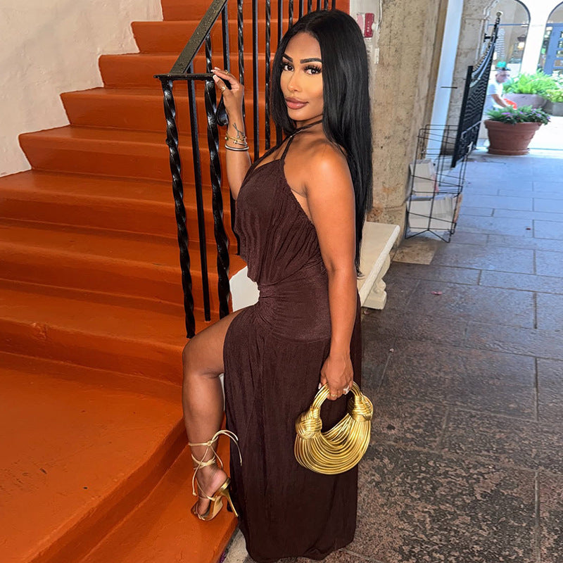 Sexy Halter Brown Cowl Neck with High Slit Maxi Dress