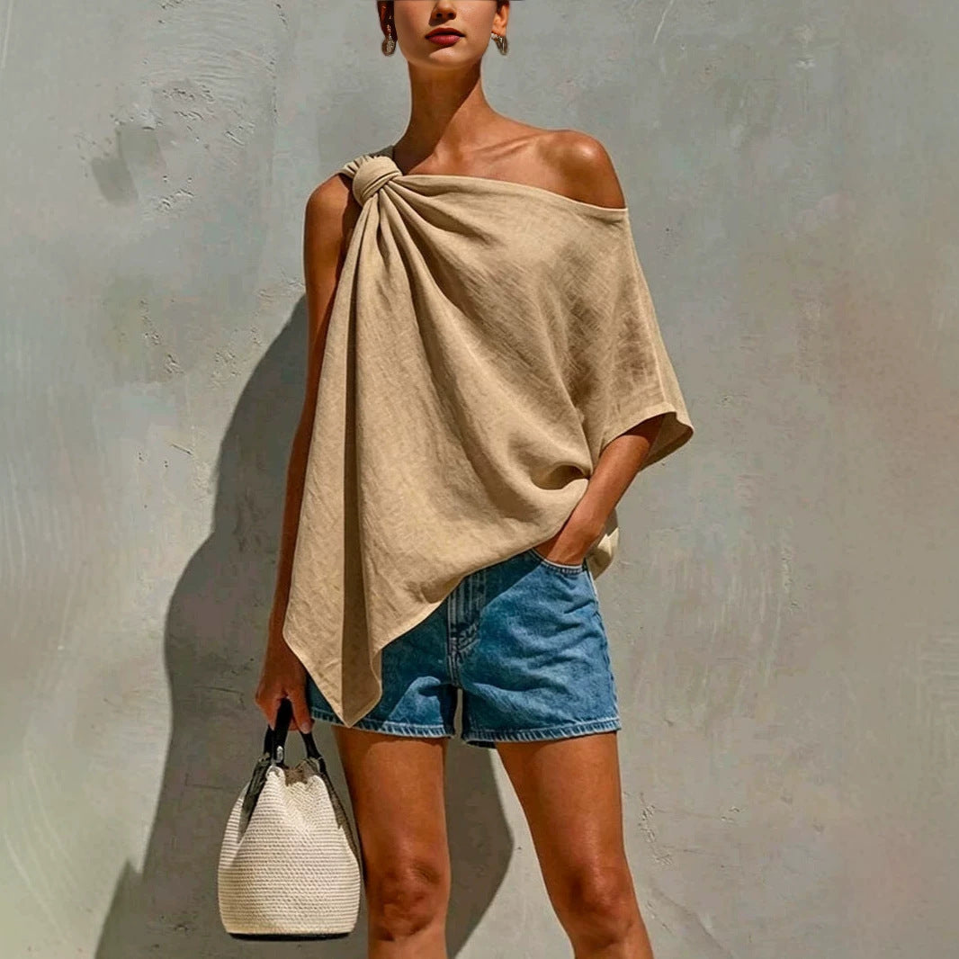 One Shoulder Asymmetrical Twisted Off Shoulder Mid Sleeve Casual Solid Color Top