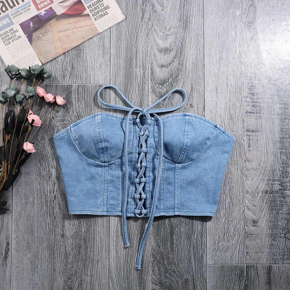 Sexy Denim Y2K Lace up Tube Top Women