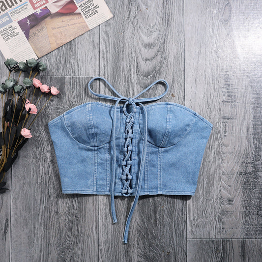 Sexy Denim Y2K Lace up Tube Top Women