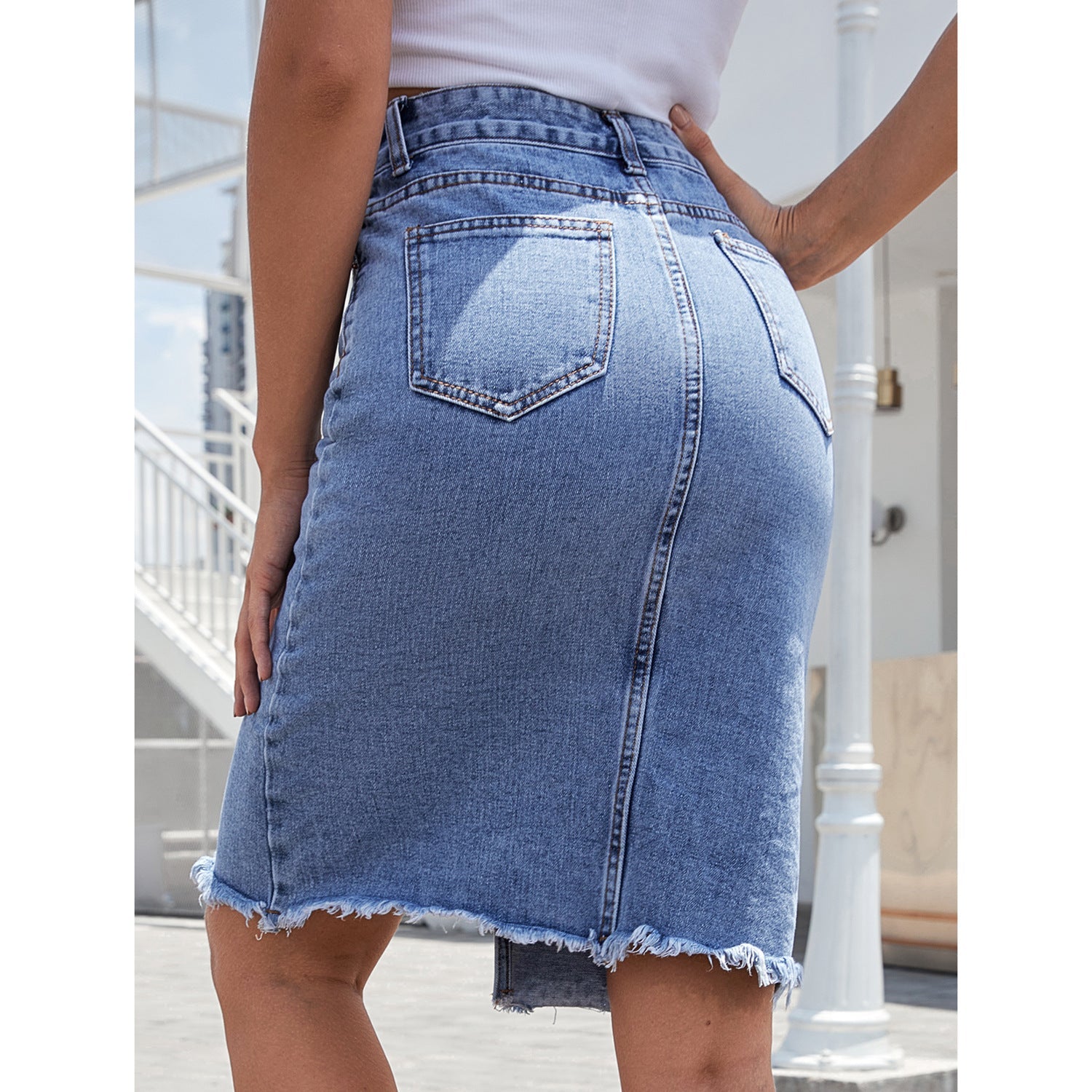 High Waist Mid Length Denim Skirt w/ Center Slit
