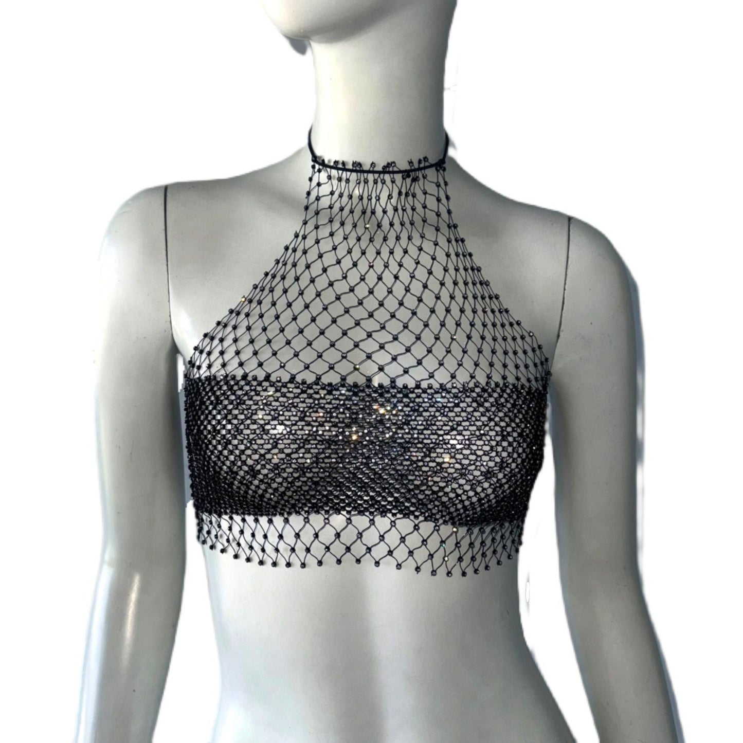 Sexy Vest Fishnet Rhinestone Top Sexy Cutout Drawstring Festival Top Black