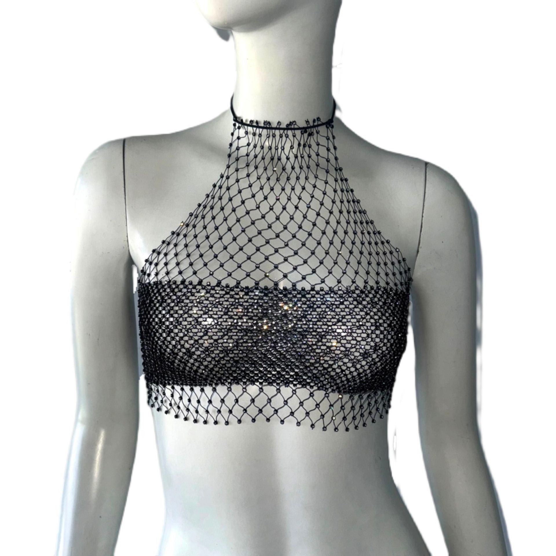Sexy Vest Fishnet Rhinestone Top Sexy Cutout Drawstring Festival Top Black