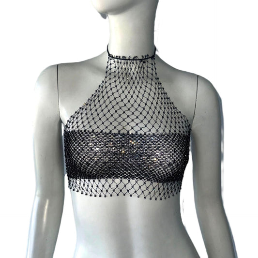 Sexy Vest Fishnet Rhinestone Top Sexy Cutout Drawstring Festival Top Black