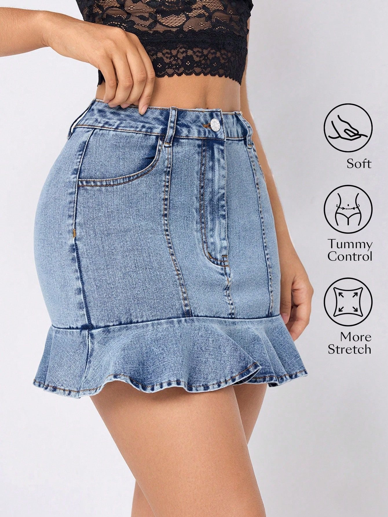 High Waist Denim Skirt w/ peplum Blue