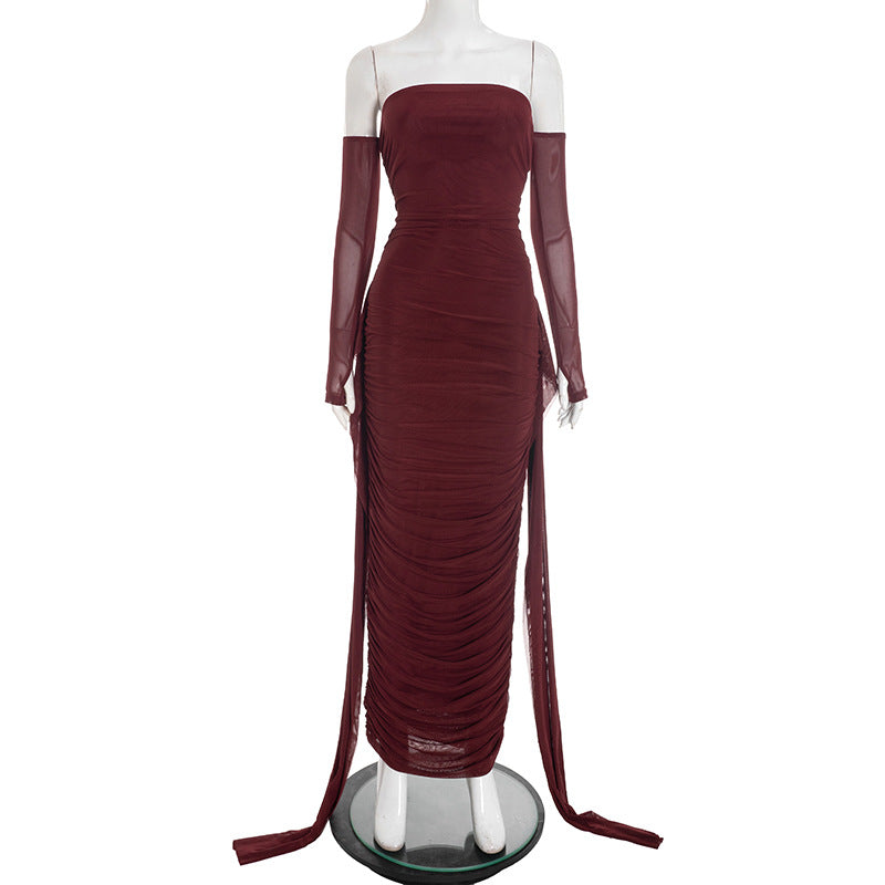 Ladies Off the Shoulder Long Sleeve Shirred Long Fitted Dress with Sash Burgundy