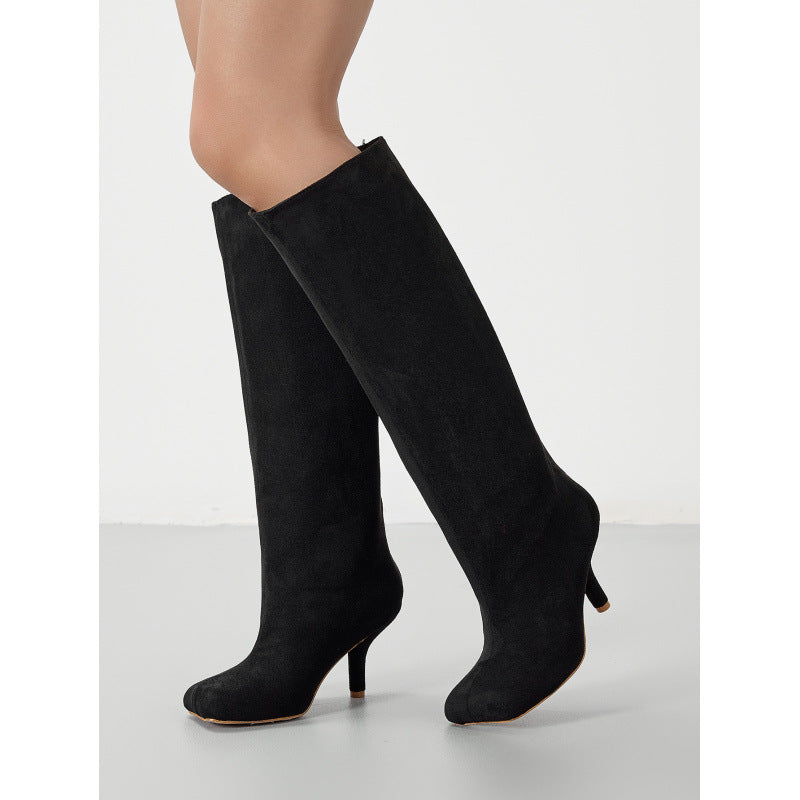 Knee High Suede Wide Calf Square Head Cover High Leg Kitten Heel Boot Black