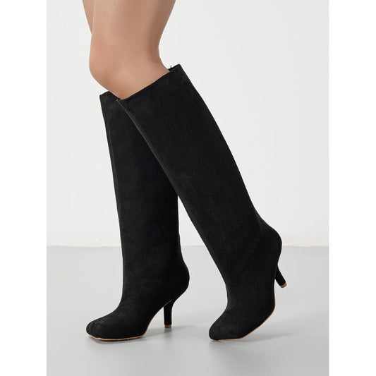 Knee High Suede Wide Calf Square Head Cover High Leg Kitten Heel Boot Black