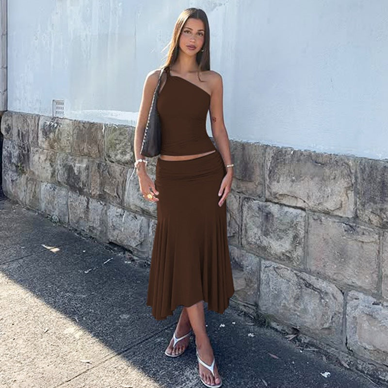 One Shoulder Sleeveless Cropped Small Tank Top with Hip Hugging Midi skirt