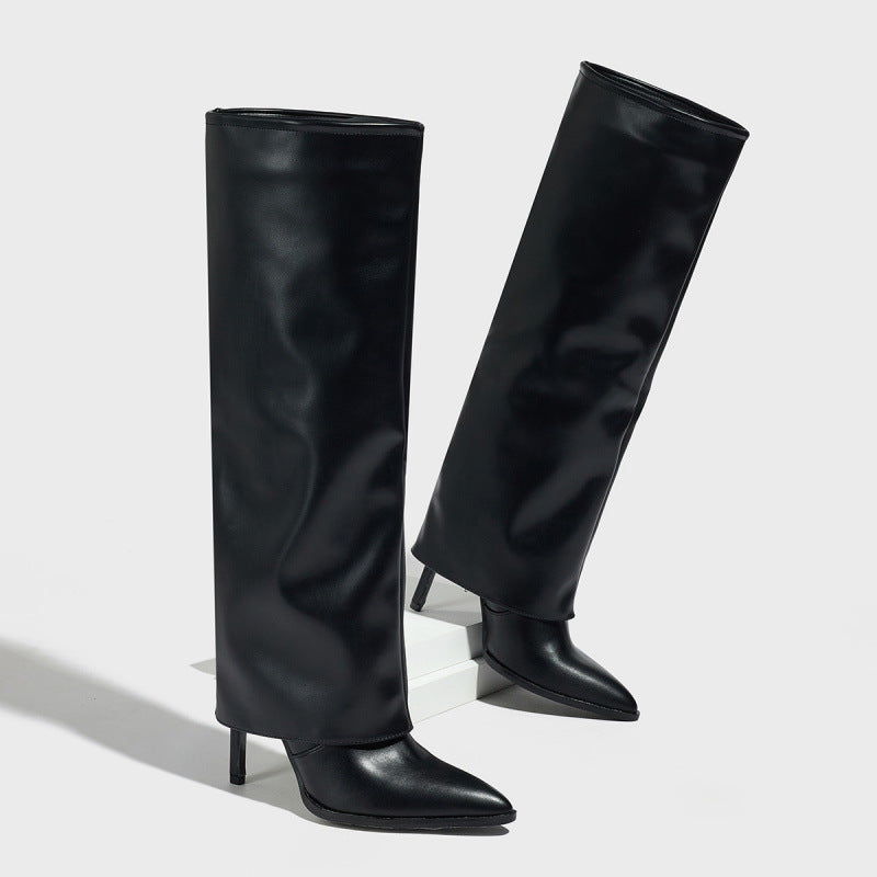 European Fold over Pointed Stiletto Knee Boots Black