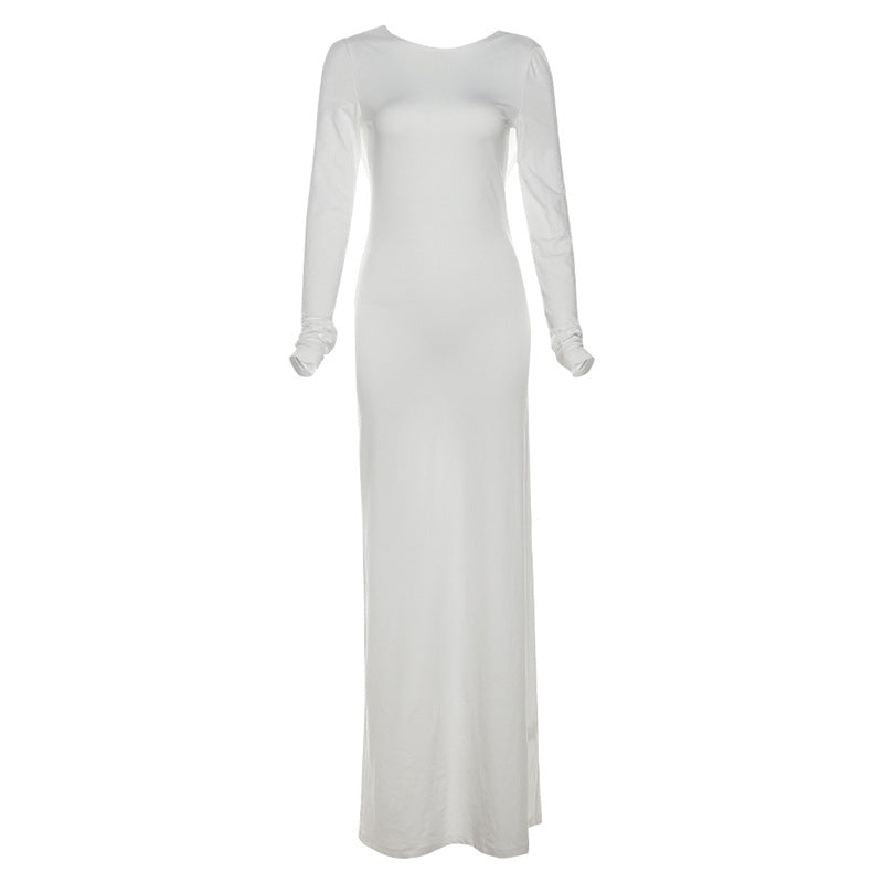 Ladies Sexy Cowl Backless Long Sleeves Dress White