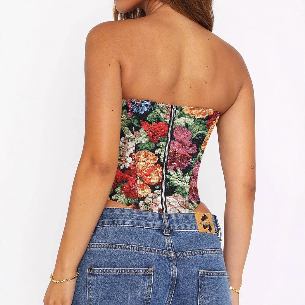 Sexy Tube Top Victorian Floral Corset with Boning Lace Up Detail