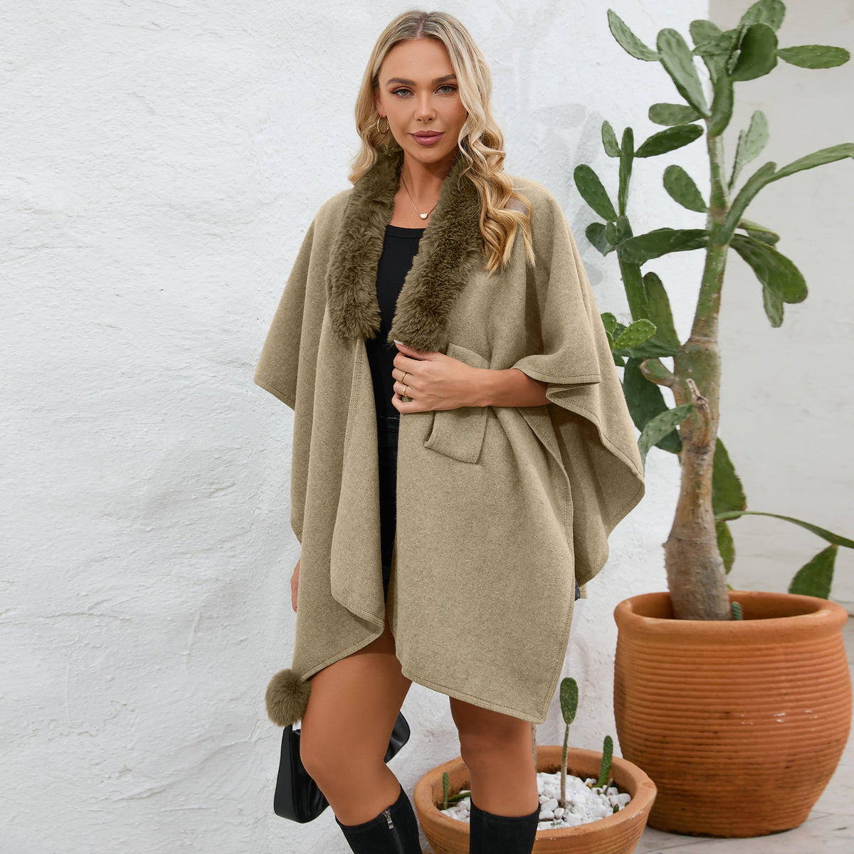 Women Autumn Winter Fur Collar Cape Shawl Women Loose Knitted Cardigan Oversized Woolen Coat