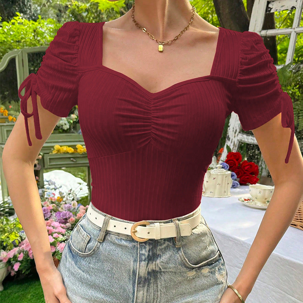Square Neck Knit Wine Red with Puff Short Sleeve Burgundy