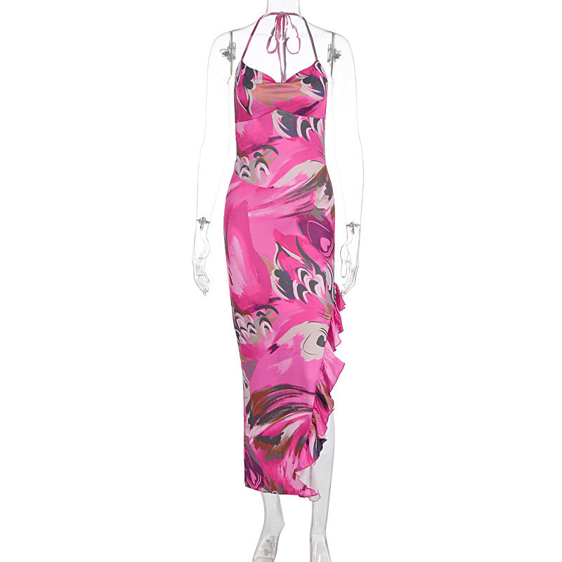 Sexy Halter Maxi Printed Dress with Long Front Ruffle Coral Red